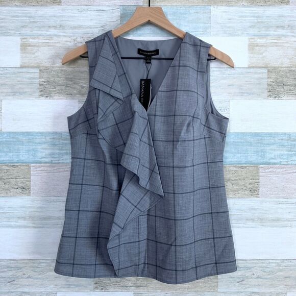 Banana Republic Wool Cascade Ruffle Top Gray Windowpane Womens Small Petite SP - Picture 2 of 8
